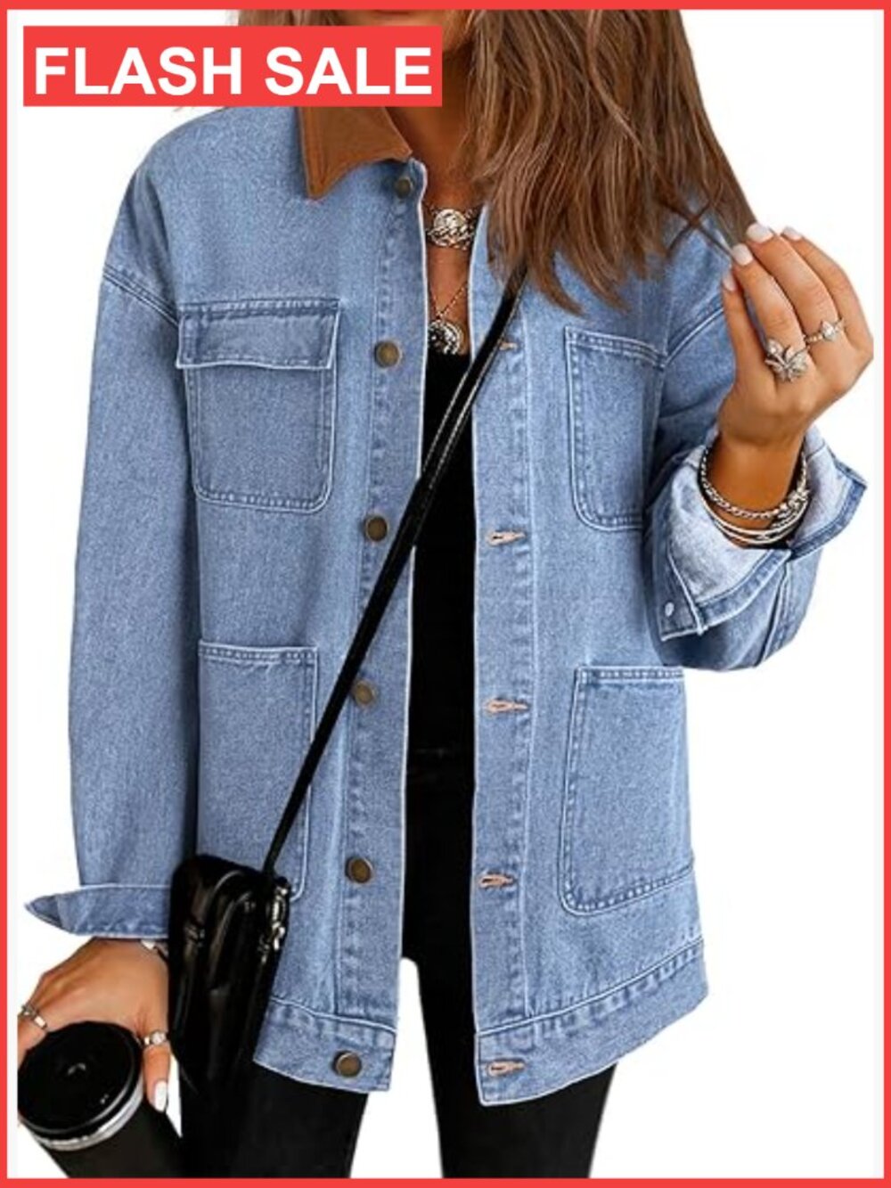 Oversized Denim Jacket Button Front Long Sleeve Corduroy Collar